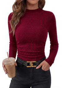 PRETTYGARDEN Womens Tops Fall Long Sleeve Going Out Shirts Ribbed Knit Mock Neck T-Shirt Fitted Ruched Y2K Crop Top