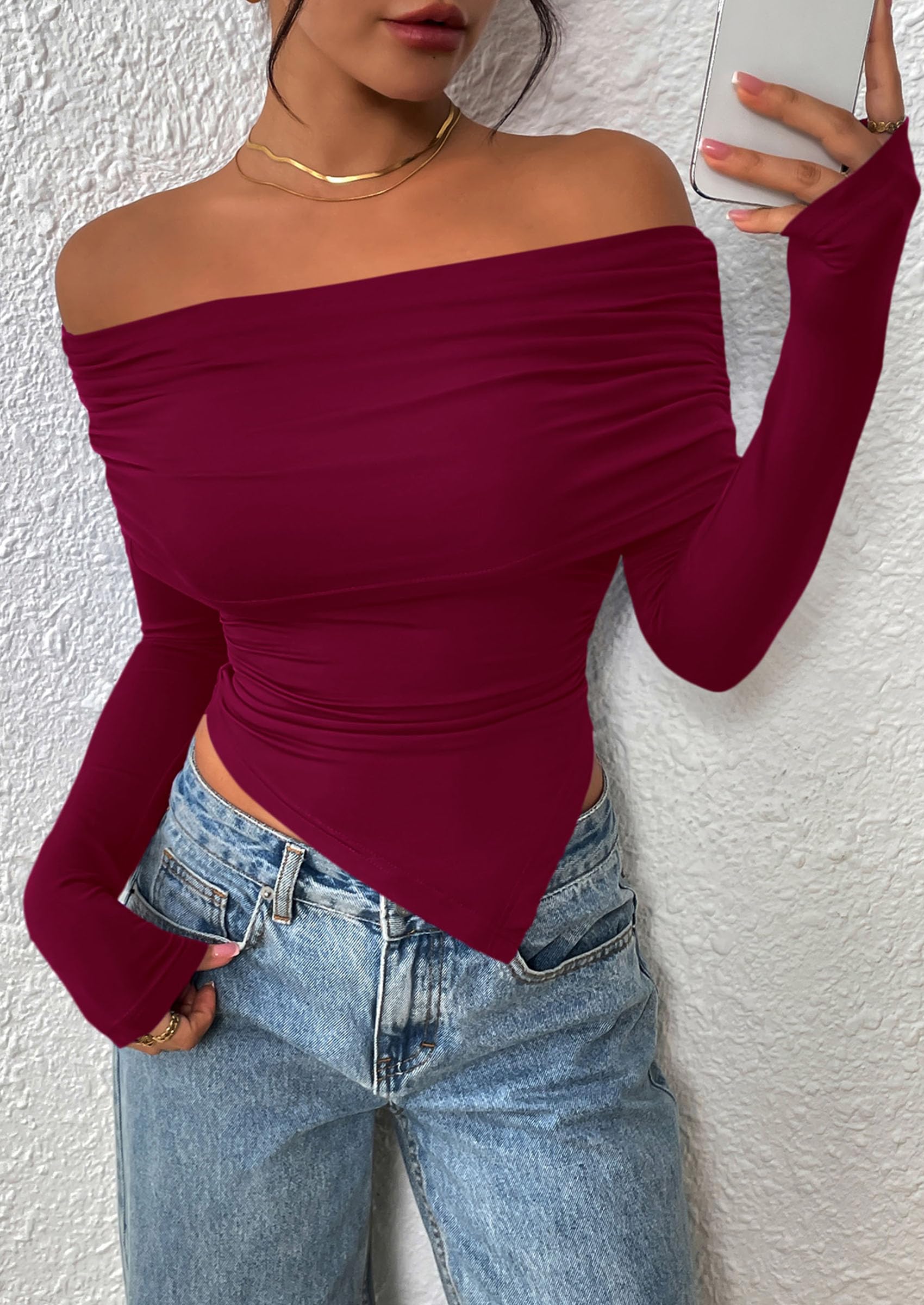 PRETTYGARDEN Women's Long Sleeve Shirts Off Shoulder Tops Going Out Slim Fitted Y2K Blouses Fall Fashion Clothes