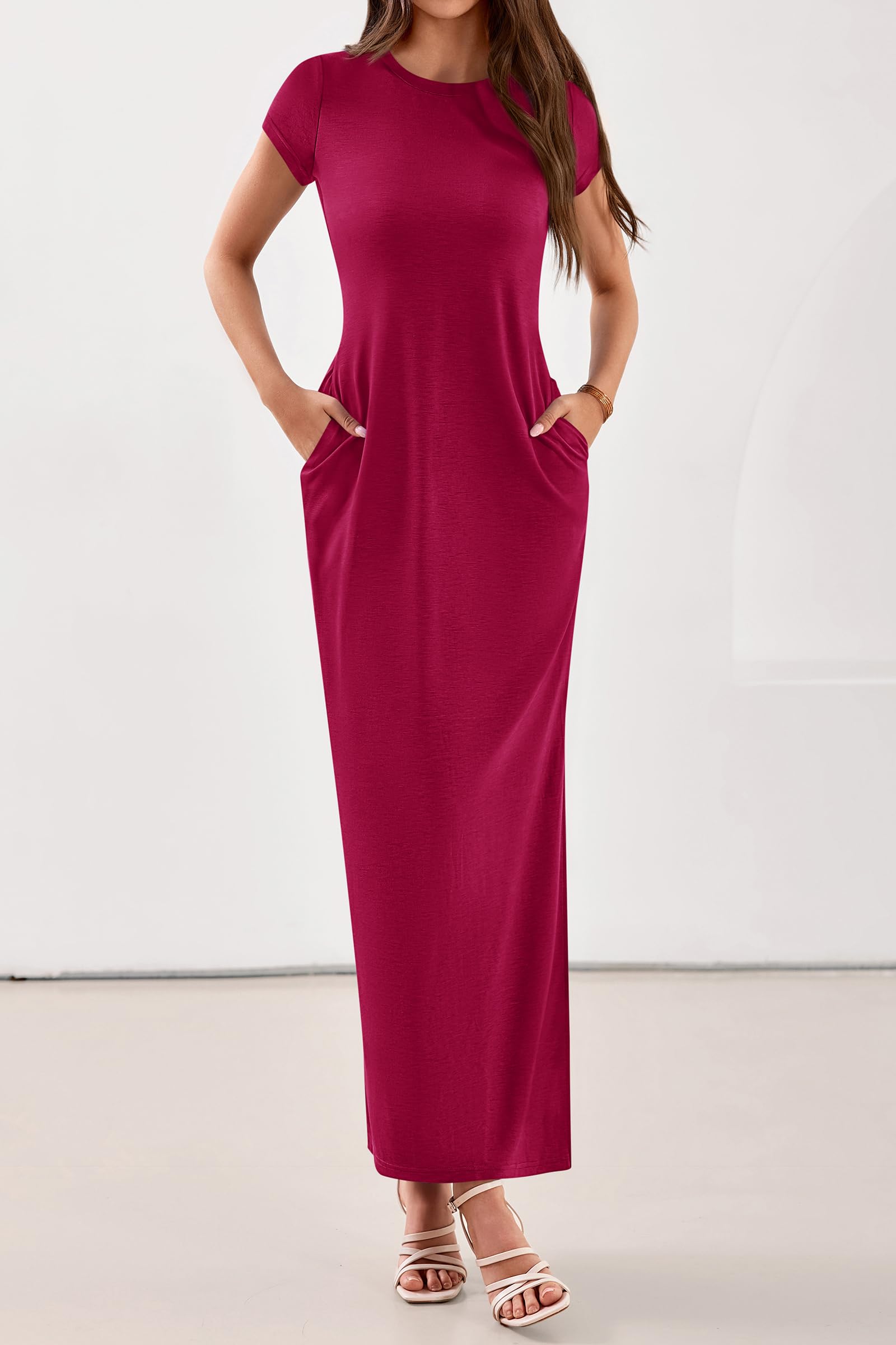 PRETTYGARDEN Womens Summer Maxi Dresses Casual Short Sleeve Crewneck Knit Slit T Shirt Dress Spring Long Beach Sundress PRETTYGARDEN