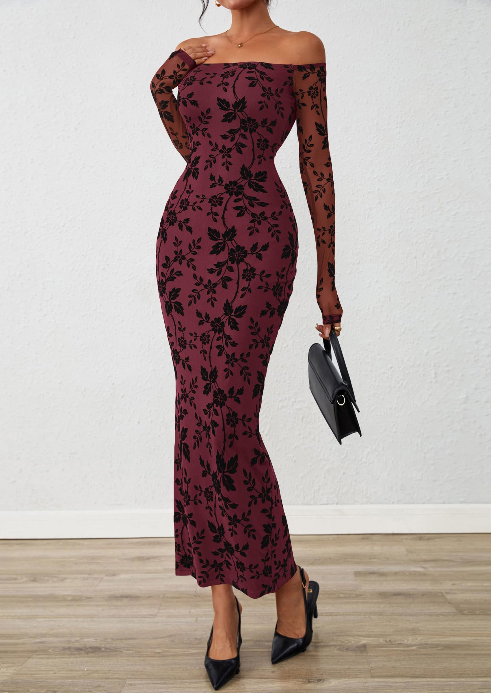 PRETTYGARDEN Womens Off The Shoulder Floral Maxi Bodycon Dress Fall Long Sleeve Mesh Fitted Long Formal Wedding Guest Dresses PRETTYGARDEN