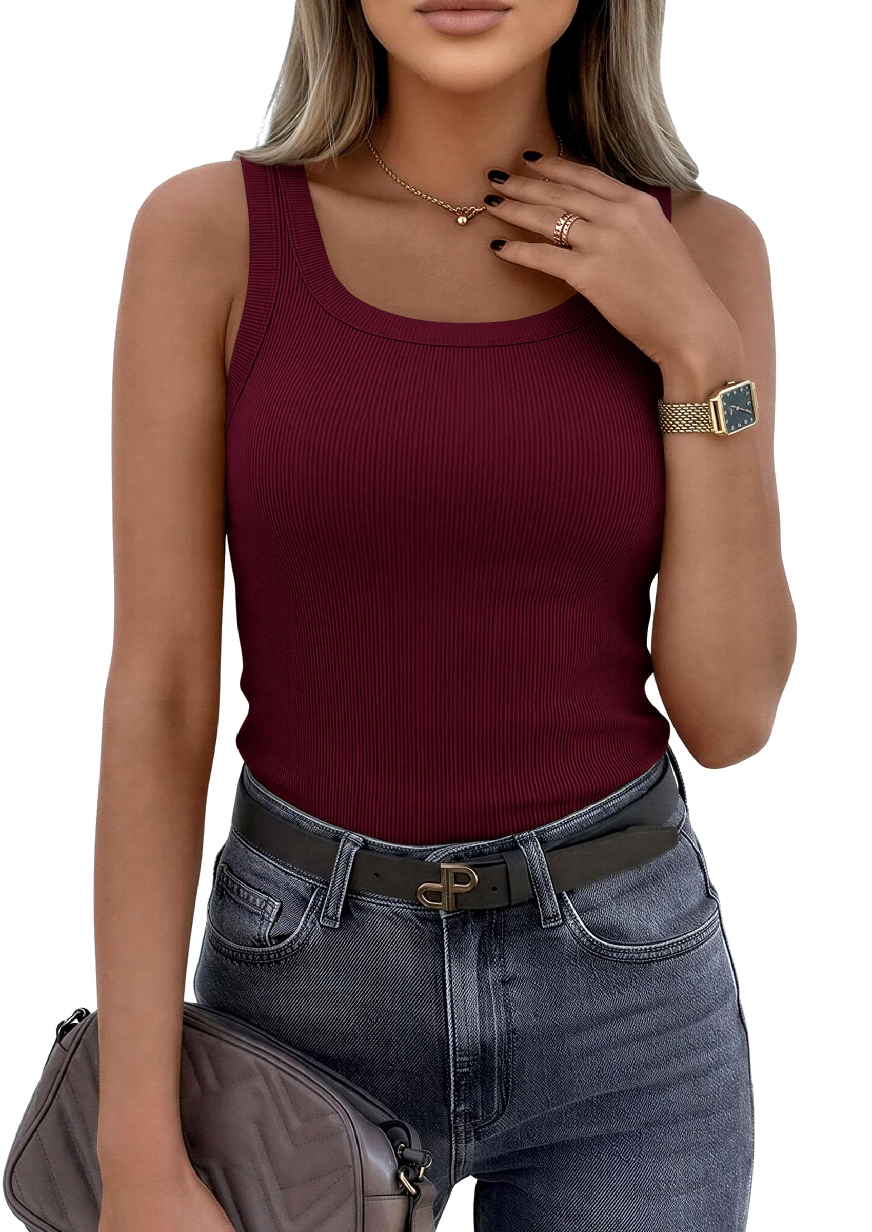 PRETTYGARDEN Womens Summer Tops Spring Cute Sleeveless Scoop Neck Workout Tank Top Casual Ribbed Knit Basic Cami Shirts PRETTYGARDEN