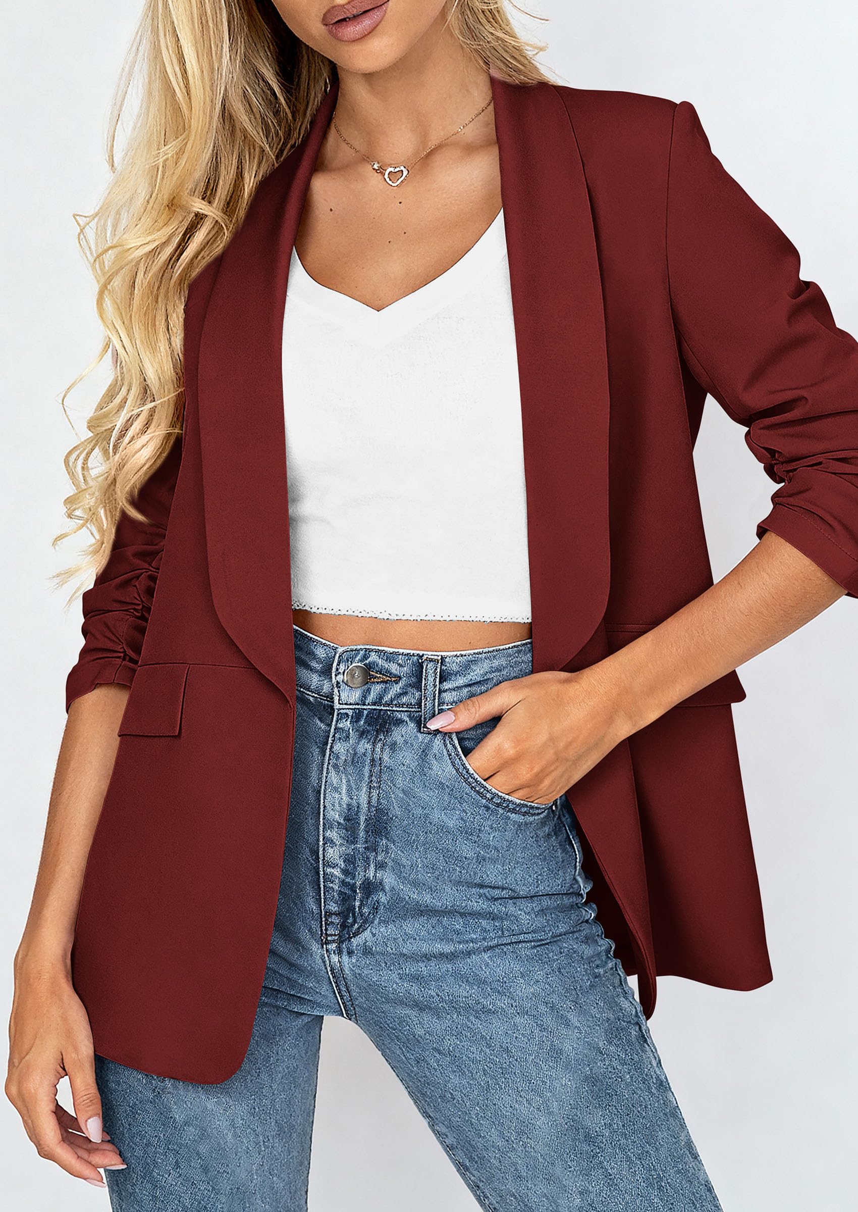 PRETTYGARDEN Women's Spring Blazers Business Casual Outfits Open Front Ruched 3/4 Sleeve Lightweight Work Suits Jackets PRETTYGARDEN