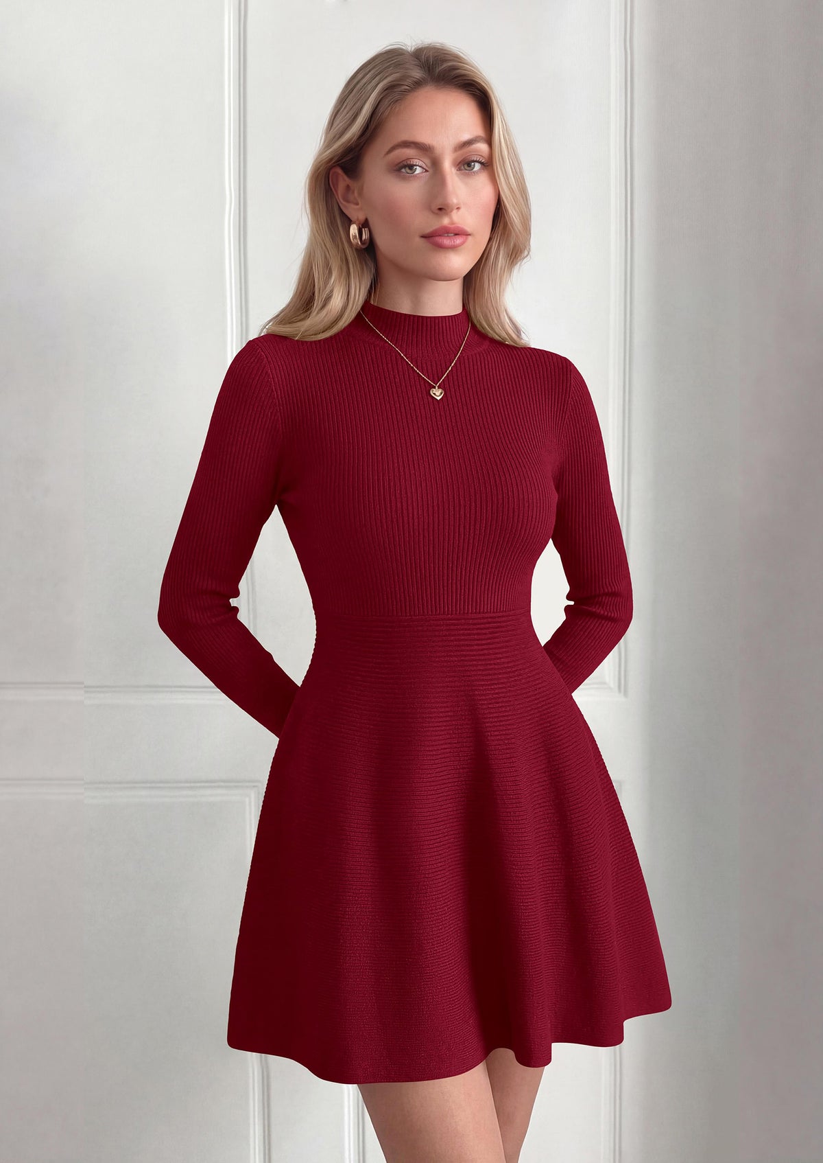 PRETTYGARDEN Womens Mock Neck Long Sleeve Sweater Mini Dress | Soft Ribbed Knit Flared A‑Line, Elegant Fall Winter Dresses for Wedding Guest, Cocktail & Holiday Party Casual Outfits