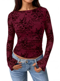 PRETTYGARDEN Women's Bell Sleeve Floral Mesh Crop Tops | Slim Fitted Shirts, Long Sleeve Going Out Top, Ruched Front, Boat Neck, Casual Blouses, Fall Date Night Outfits, Y2K Clothes