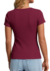 PRETTYGARDEN Womens Summer Short Sleeve Tops 2026 Spring Casual V Neck Henley Button Up T Shirts Dressy Ribbed Knit Blouses PRETTYGARDEN