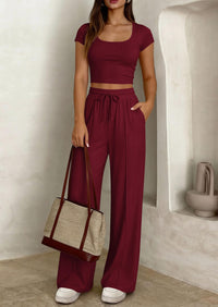 PRETTYGARDEN Women's 2 Piece Matching Lounge Sets Ribbed Short Sleeve Crop Tops Wide Leg Pants Summer Airport Outfits PRETTYGARDEN