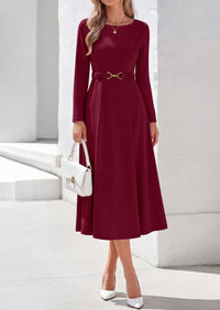 PRETTYGARDEN Women's Fall Long Sleeve Semi Formal Midi Dresses with Pockets Boat Neck, Metal Buckle Tie Waist, Flowy A Line, Elegant Classy Wedding Guest Cocktail Party Dress, Business Casual Outfits
