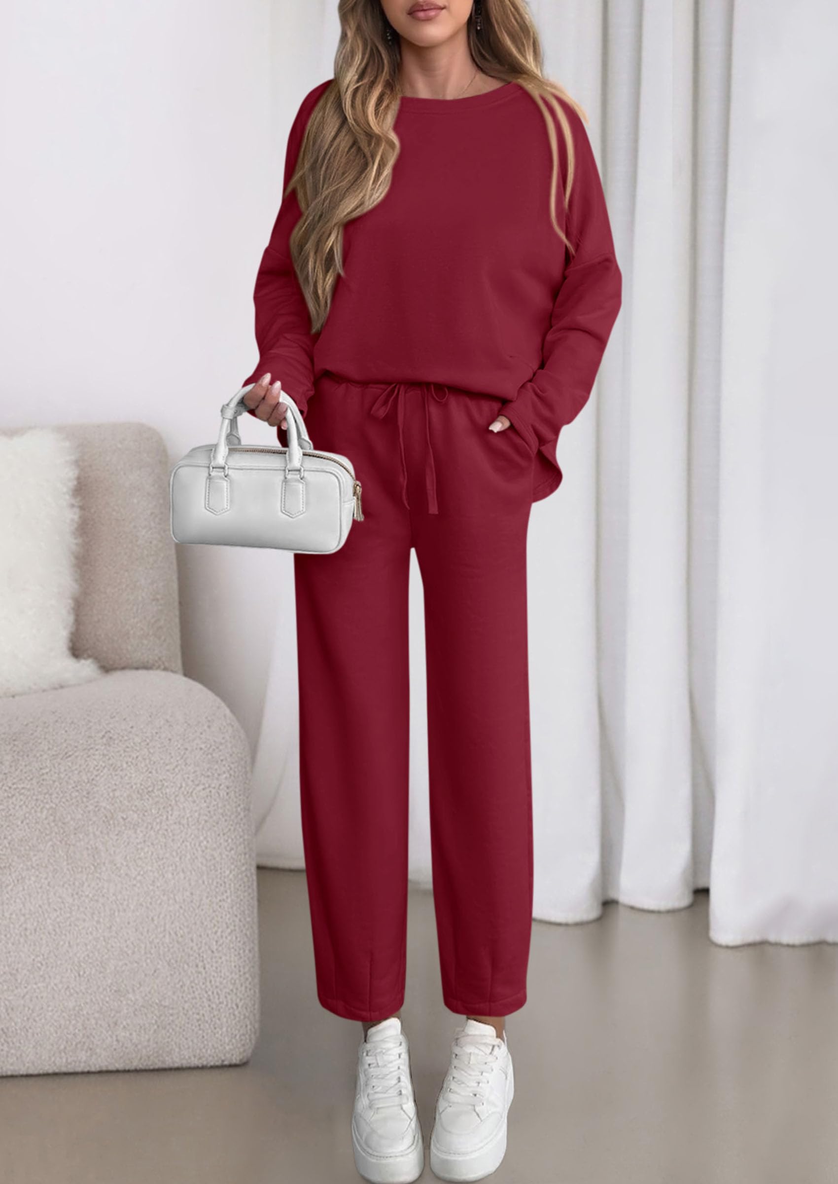 PRETTYGARDEN Womens 2 Piece Matching Lounge Sets Fall Long Sleeve Boatneck Sweatsuit Drawstring Sweatpants Pockets