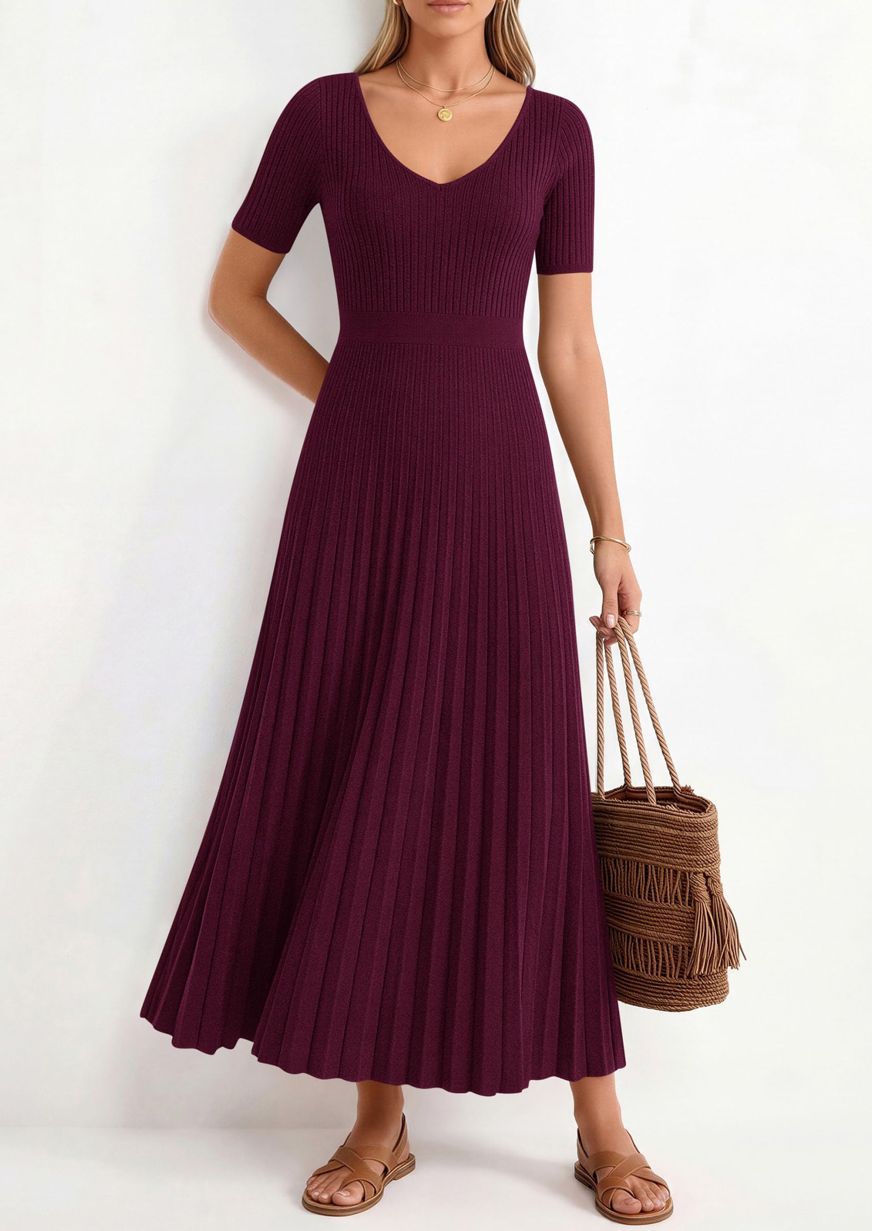 PRETTYGARDEN Women's Spring Midi Sweater Dresses Elegant Pleated Ribbed Knit Short Sleeve V Neck A Line Summer Outfits PRETTYGARDEN