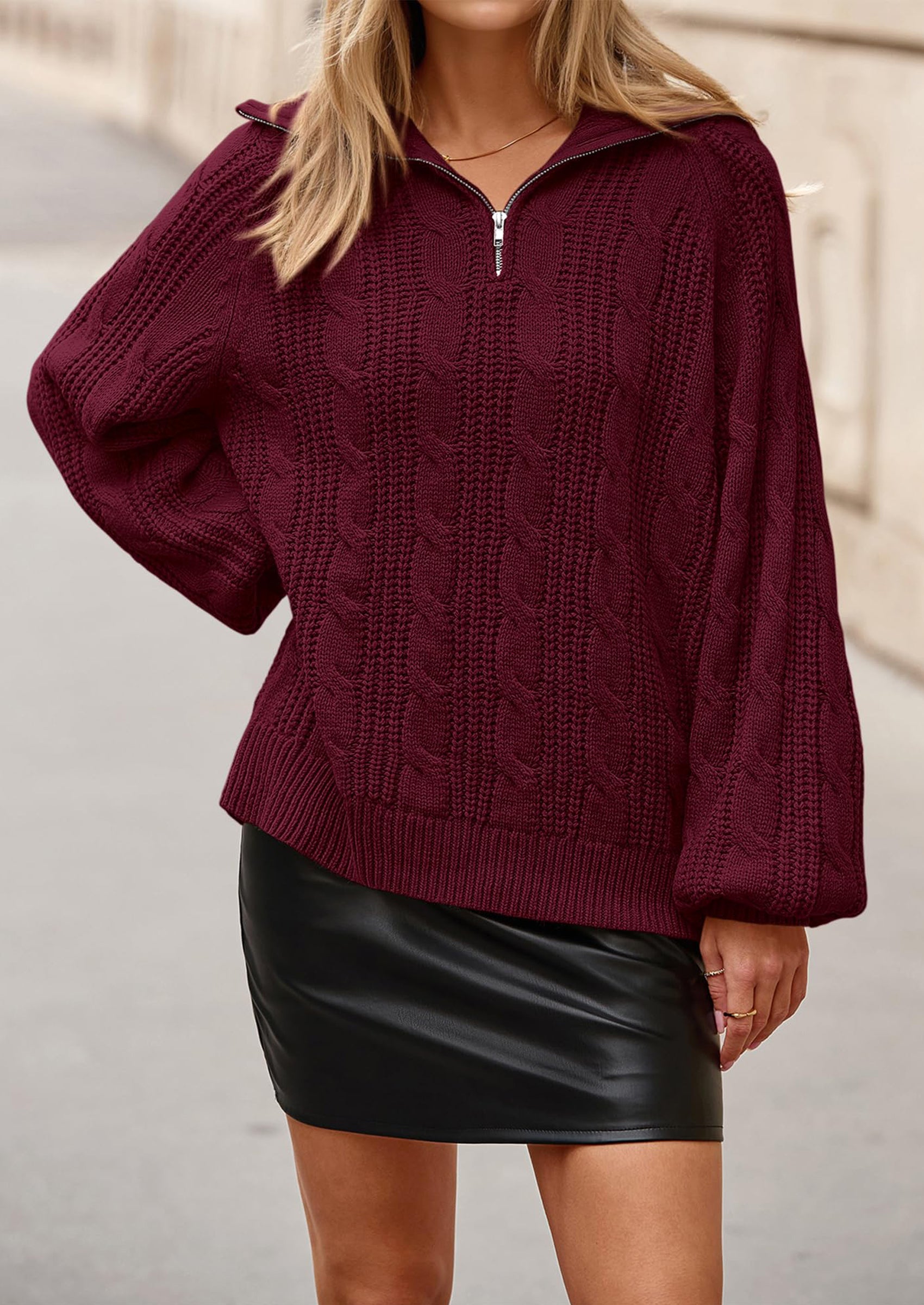 BTFBM Sweaters for Women Fall Fashion Loose Quarter Zip Pullover Collared Long Sleeve Cable Knit Winter Clothes