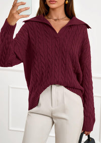 PRETTYGARDEN Fall Cable Knit Oversized Sweaters for Women Polo V Neck Long Sleeve Casual Chunky Sweater Pullover Tops PRETTYGARDEN