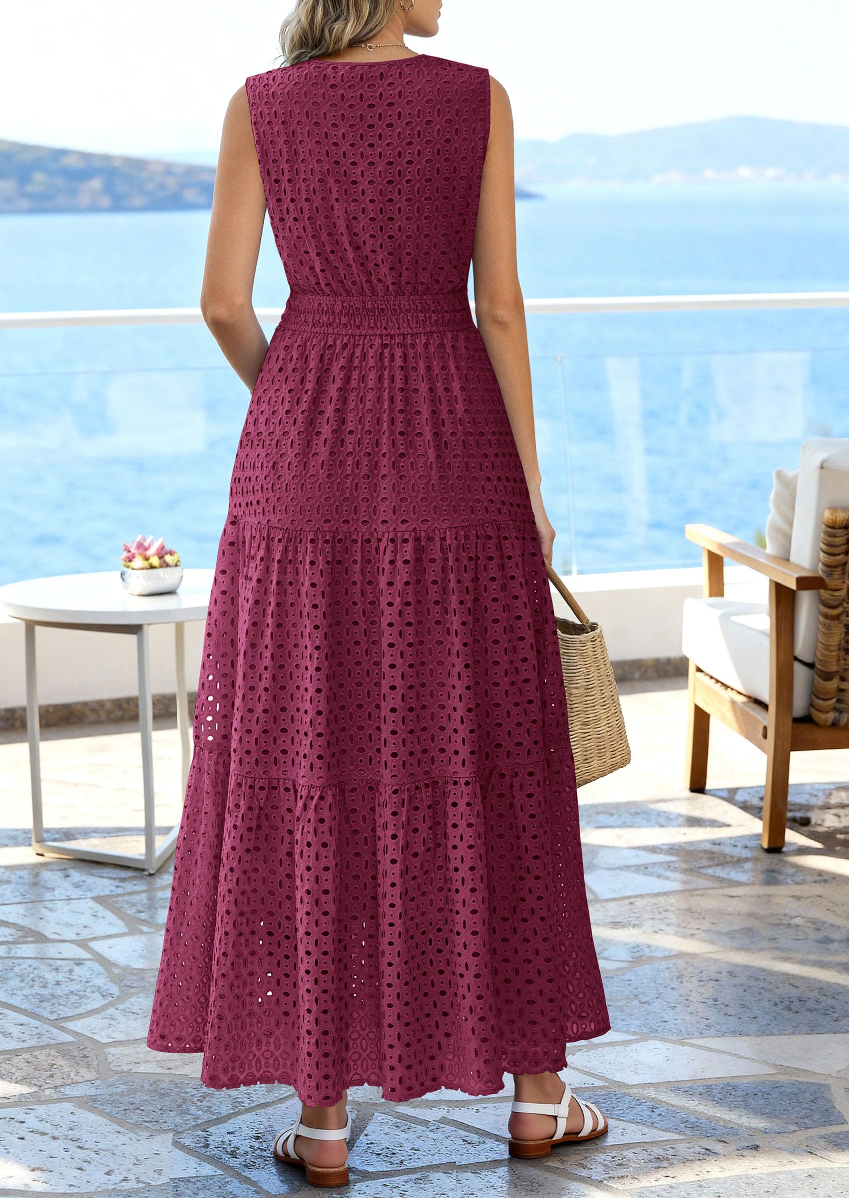 PRETTYGARDEN Summer Dresses for Women Sundresses Sleeveless V Neck Eyelet A Line Flowy Beach Vacation Spring Maxi Dress PRETTYGARDEN