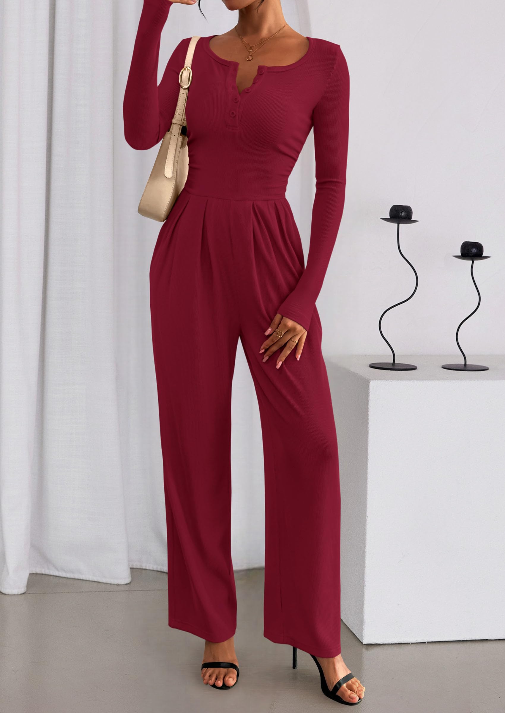 PRETTYGARDEN Jumpsuits for Women Dressy Casual Fall One Piece Outfits Long Sleeve Crew Neck Wide Leg Pants Rompers