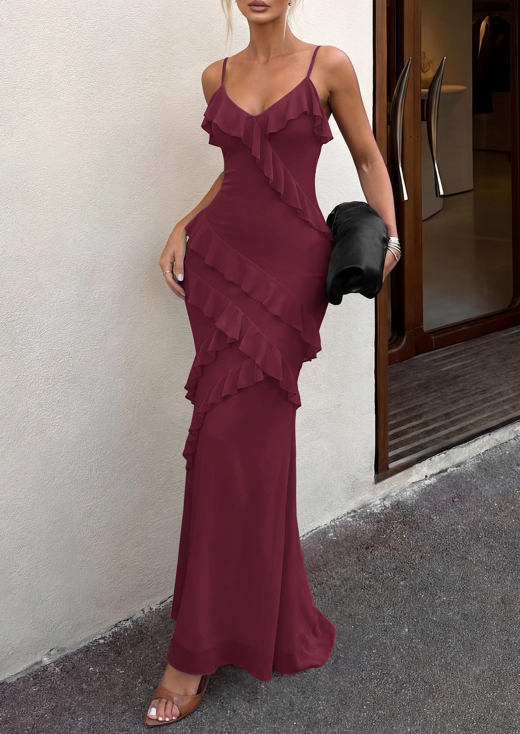 PRETTYGARDEN Women Wedding Guest Cocktail Maxi Dress Spaghetti Strap Sleeveless V Neck Bodycon Mesh Party Summer Outfits