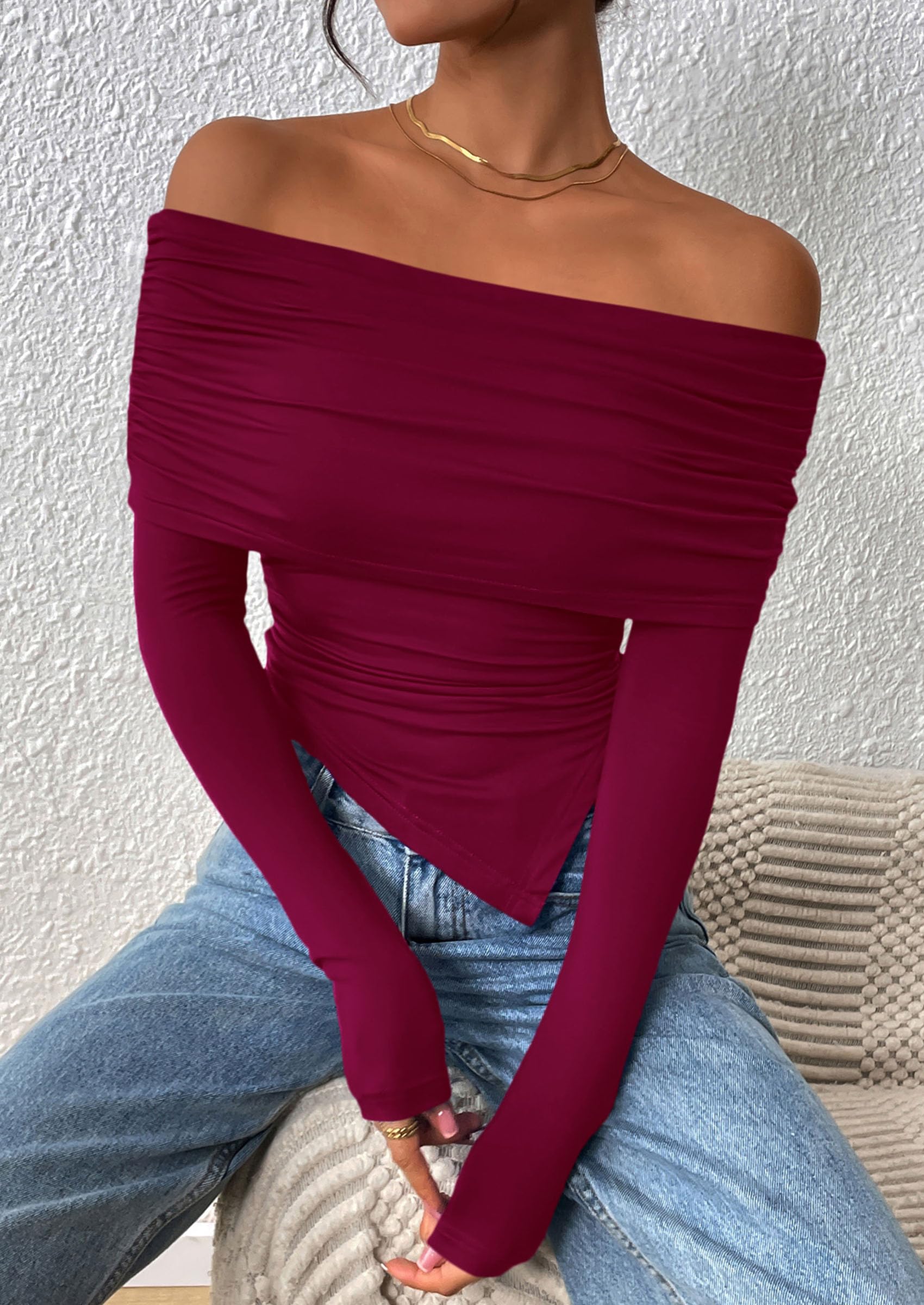 PRETTYGARDEN Women's Long Sleeve Shirts Off Shoulder Tops Going Out Slim Fitted Y2K Blouses Fall Fashion Clothes