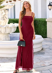 PRETTYGARDEN Women Bodycon Maxi Dress Mesh Ruffle Spaghetti Strap Square Neck Formal Cocktail Wedding Guest Spring Dresses PRETTYGARDEN