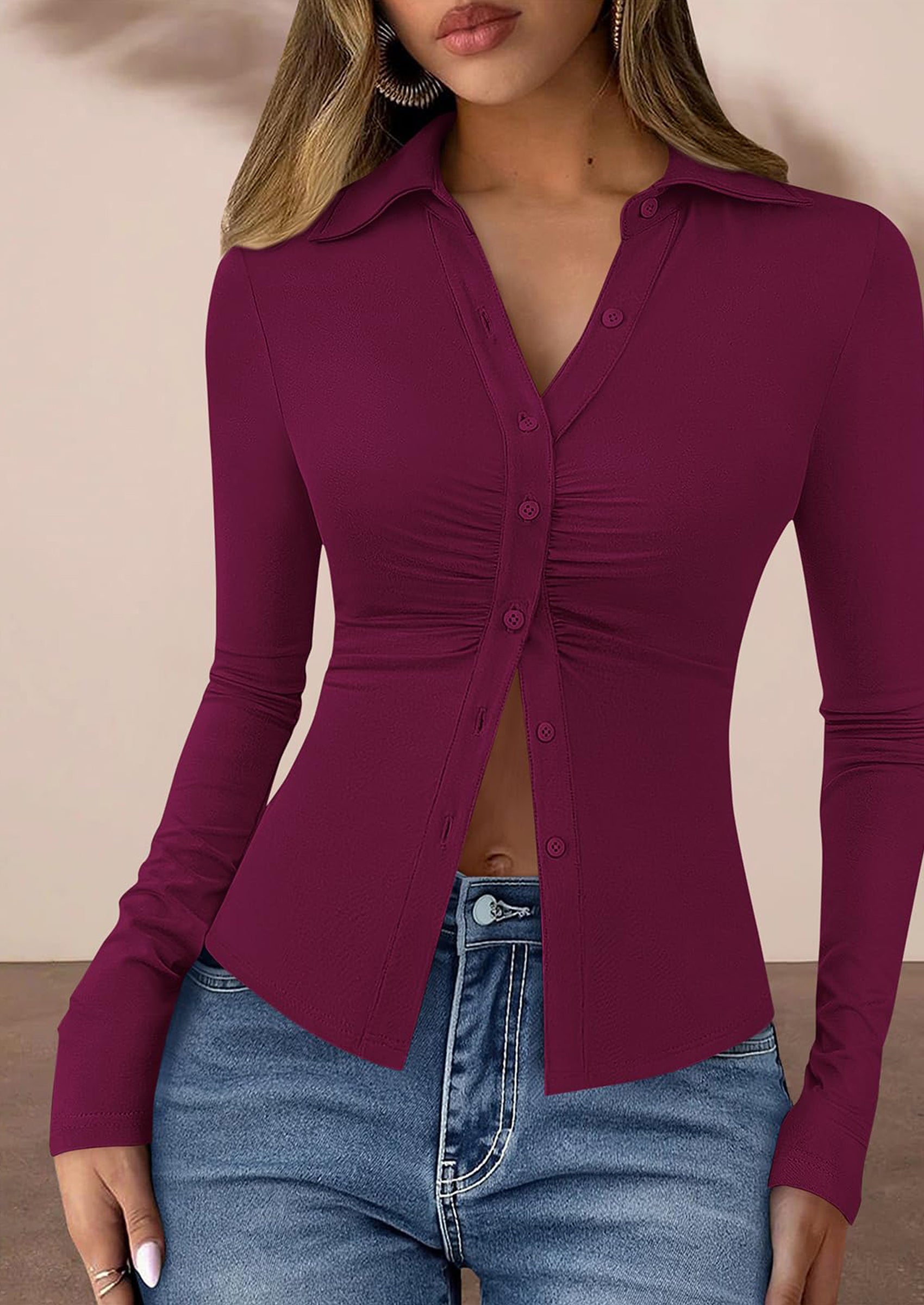 PRETTYGARDEN Womens Button Down Shirts V Neck Collared Ruched Slim Fit Long Sleeve Shirt Casual Fall Fashion Ladies Tops PRETTYGARDEN