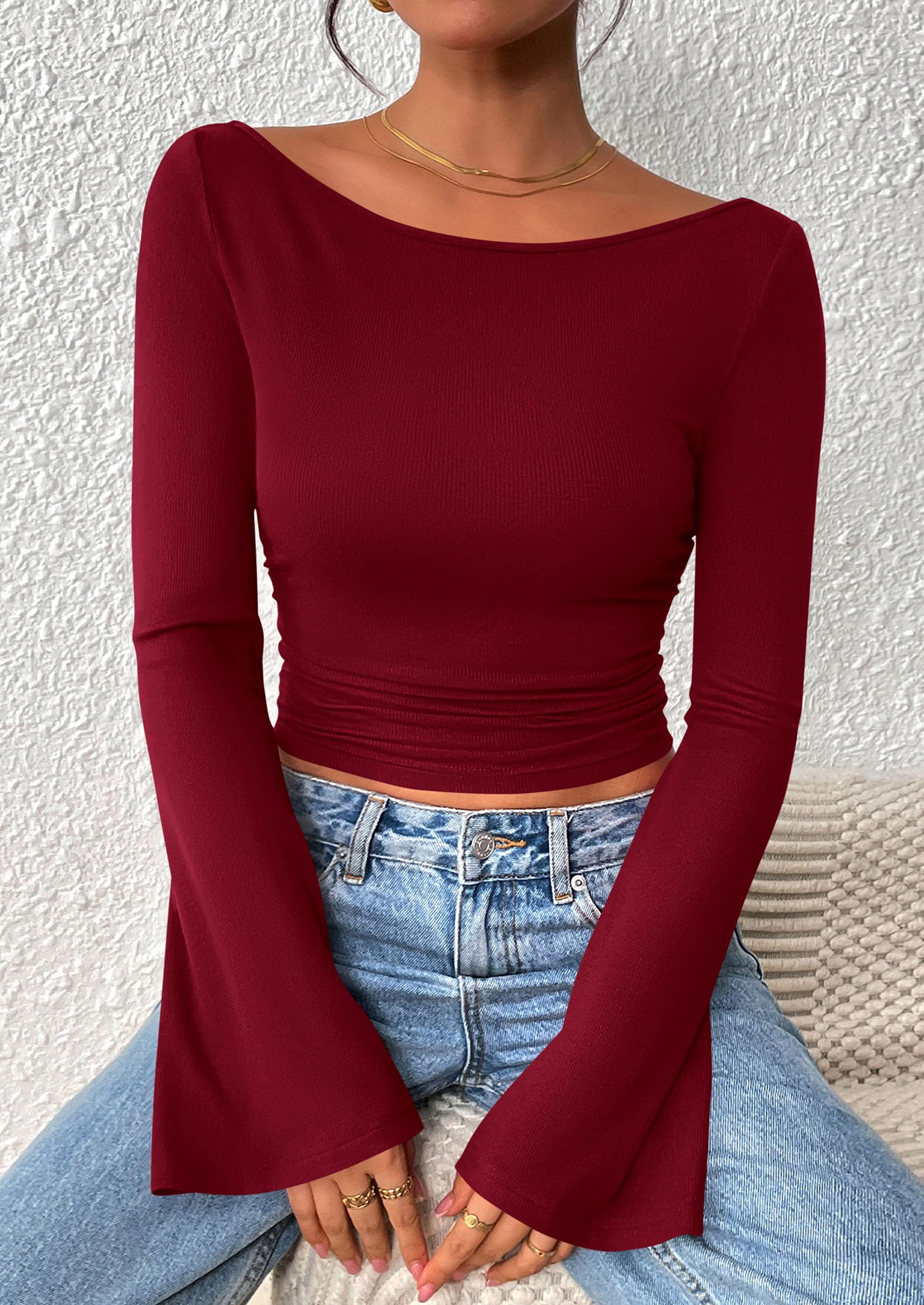 PRETTYGARDEN Women's Long Sleeve Shirts Fall Going Out Tops Casual Boat Neck Bell Sleeve Ribbed Ruched Y2K Clothes