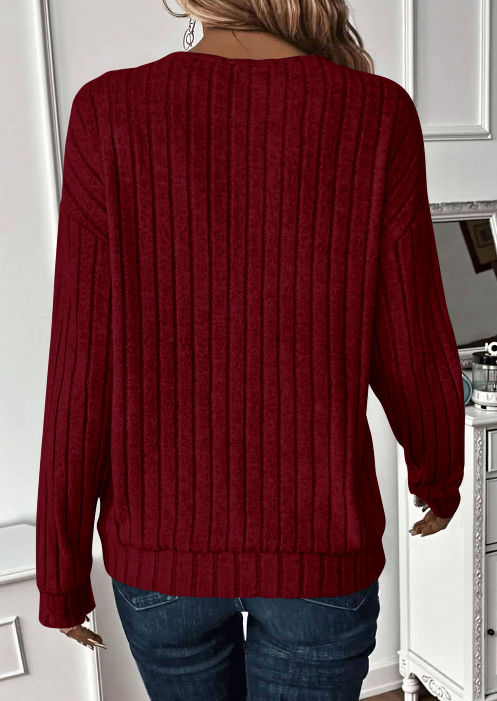 PRETTYGARDEN Fall Fashion Long Sleeve Shirts for Women Ribbed Knit V Neck Dressy Casual Lightweight Sweaters Tunic Tops