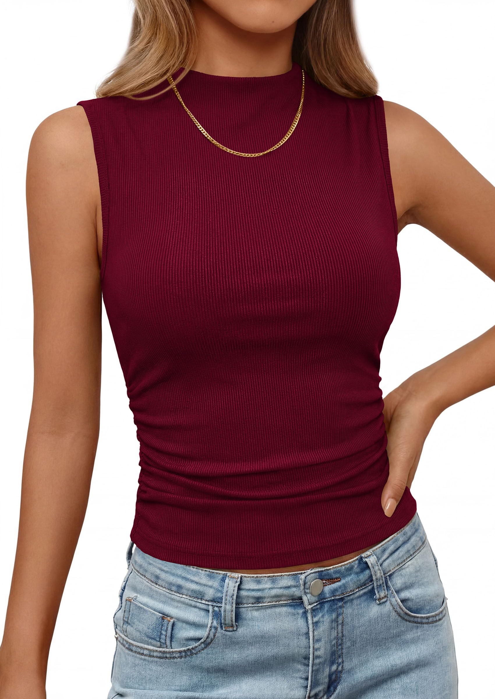 PRETTYGARDEN Tank Top for Women Summer Fashion Clothing Mock Neck Ribbed Knit Slim Fitted Shirts Going Out Tops PRETTYGARDEN