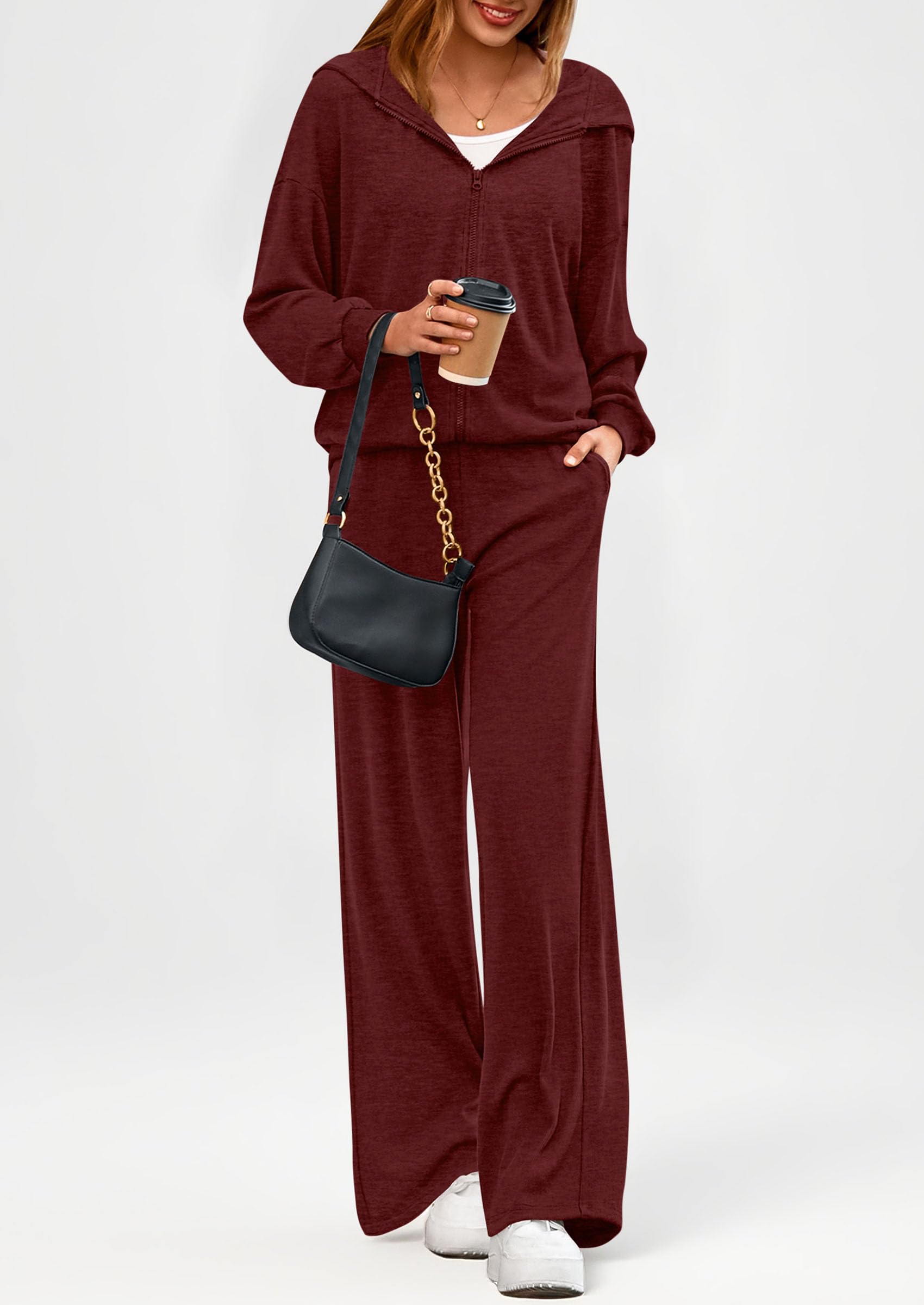 PRETTYGARDEN Women's 2 Piece Fall Lounge Sets Zip Up Hoodie Wide Leg Pants Tracksuit Matching Travel Outfits Clothes