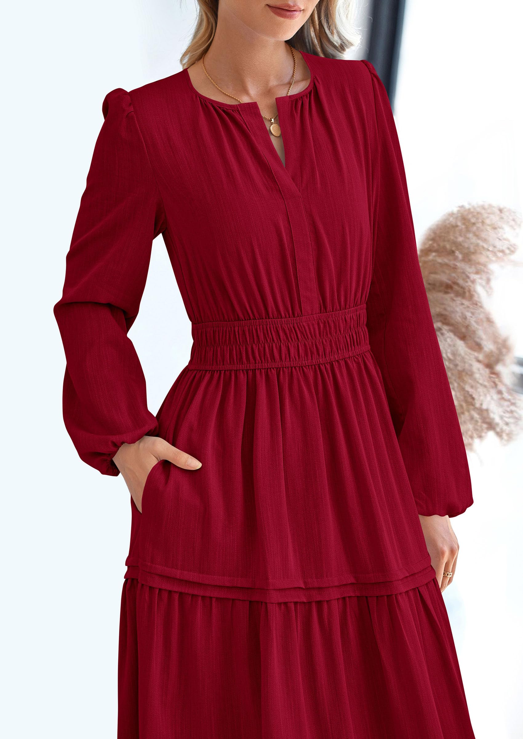 PRETTYGARDEN Women's Elegant Maxi Dresses Long Sleeve V Neck Flowy Pockets Casual Modest Dress Fall Fashion Clothes