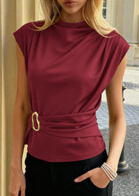 PRETTYGARDEN Women Blouses Spring Dressy Cap Sleeve Mock Neck Work Shirts Buckle Tunic Summer Business Casual Tops PRETTYGARDEN