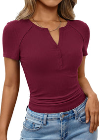 PRETTYGARDEN Womens Summer Short Sleeve Tops 2026 Spring Casual V Neck Henley Button Up T Shirts Dressy Ribbed Knit Blouses PRETTYGARDEN