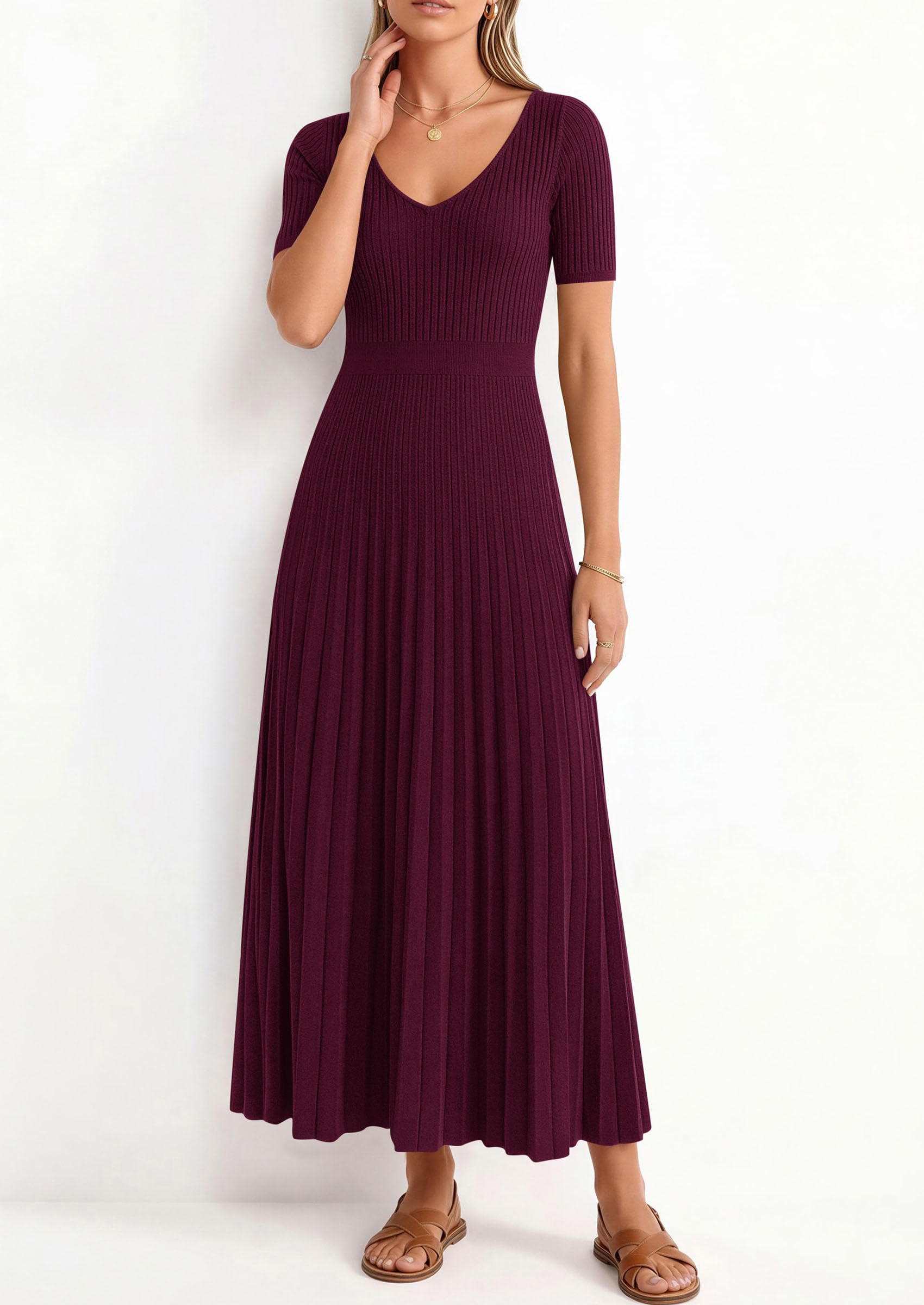 PRETTYGARDEN Women's Spring Midi Sweater Dresses Elegant Pleated Ribbed Knit Short Sleeve V Neck A Line Summer Outfits PRETTYGARDEN