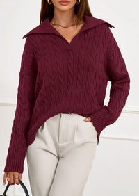 PRETTYGARDEN Fall Cable Knit Oversized Sweaters for Women Polo V Neck Long Sleeve Casual Chunky Sweater Pullover Tops PRETTYGARDEN