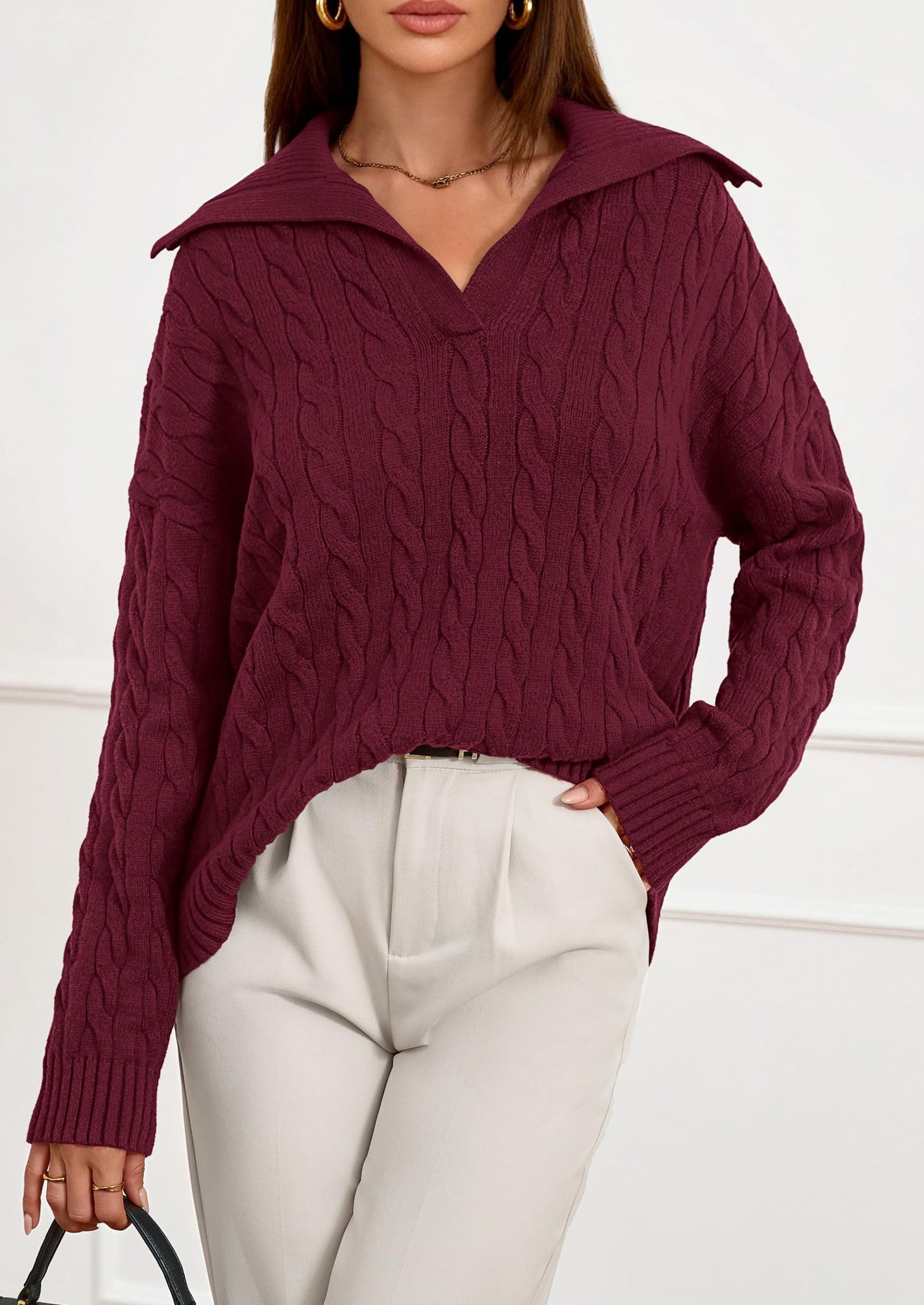 PRETTYGARDEN Fall Cable Knit Oversized Sweaters for Women Polo V Neck Long Sleeve Casual Chunky Sweater Pullover Tops PRETTYGARDEN