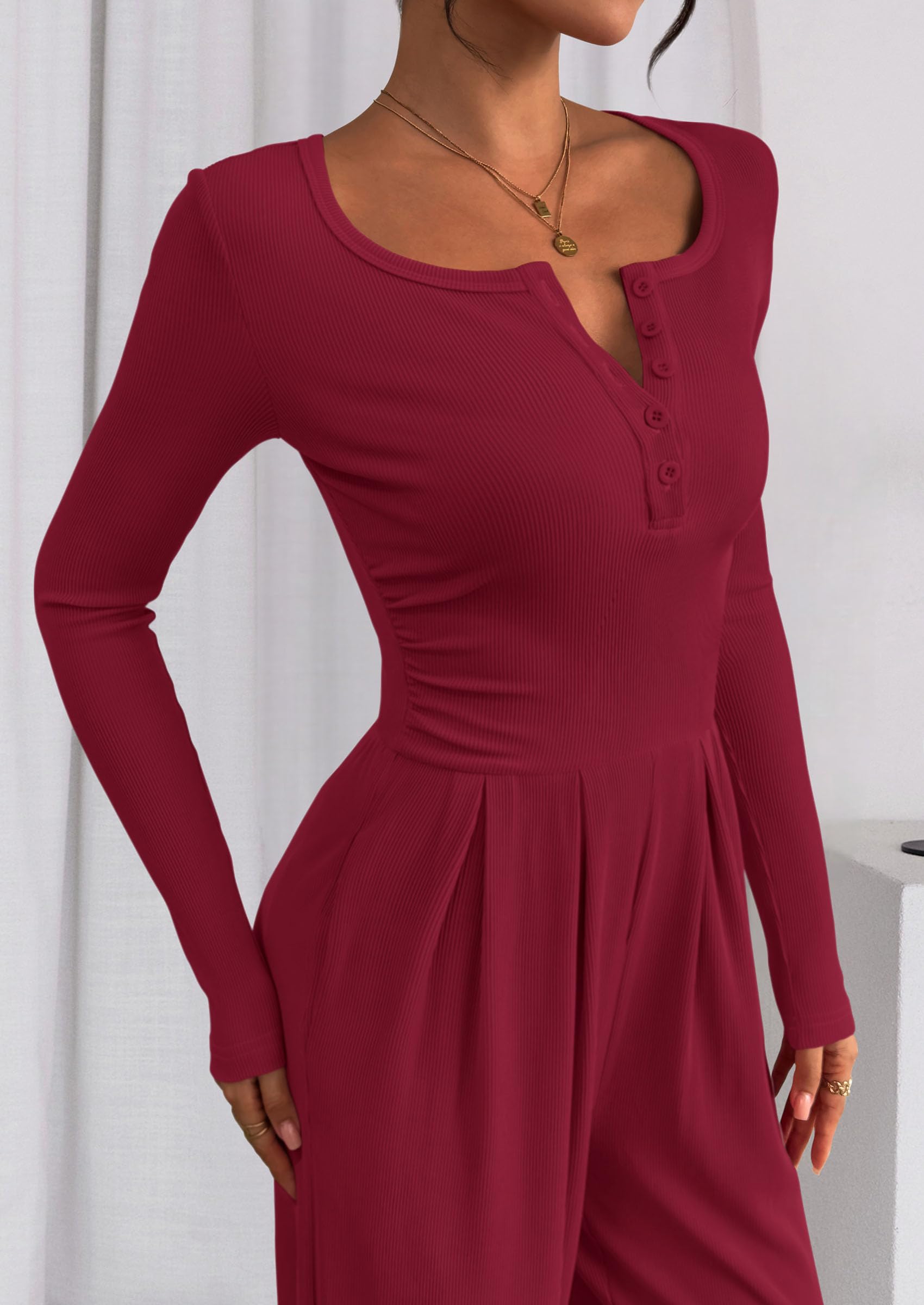 PRETTYGARDEN Jumpsuits for Women Dressy Casual Fall One Piece Outfits Long Sleeve Crew Neck Wide Leg Pants Rompers