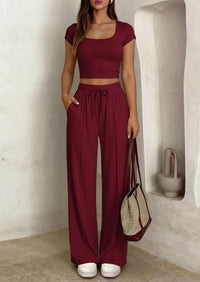 PRETTYGARDEN Women's 2 Piece Matching Lounge Sets Ribbed Short Sleeve Crop Tops Wide Leg Pants Summer Airport Outfits PRETTYGARDEN