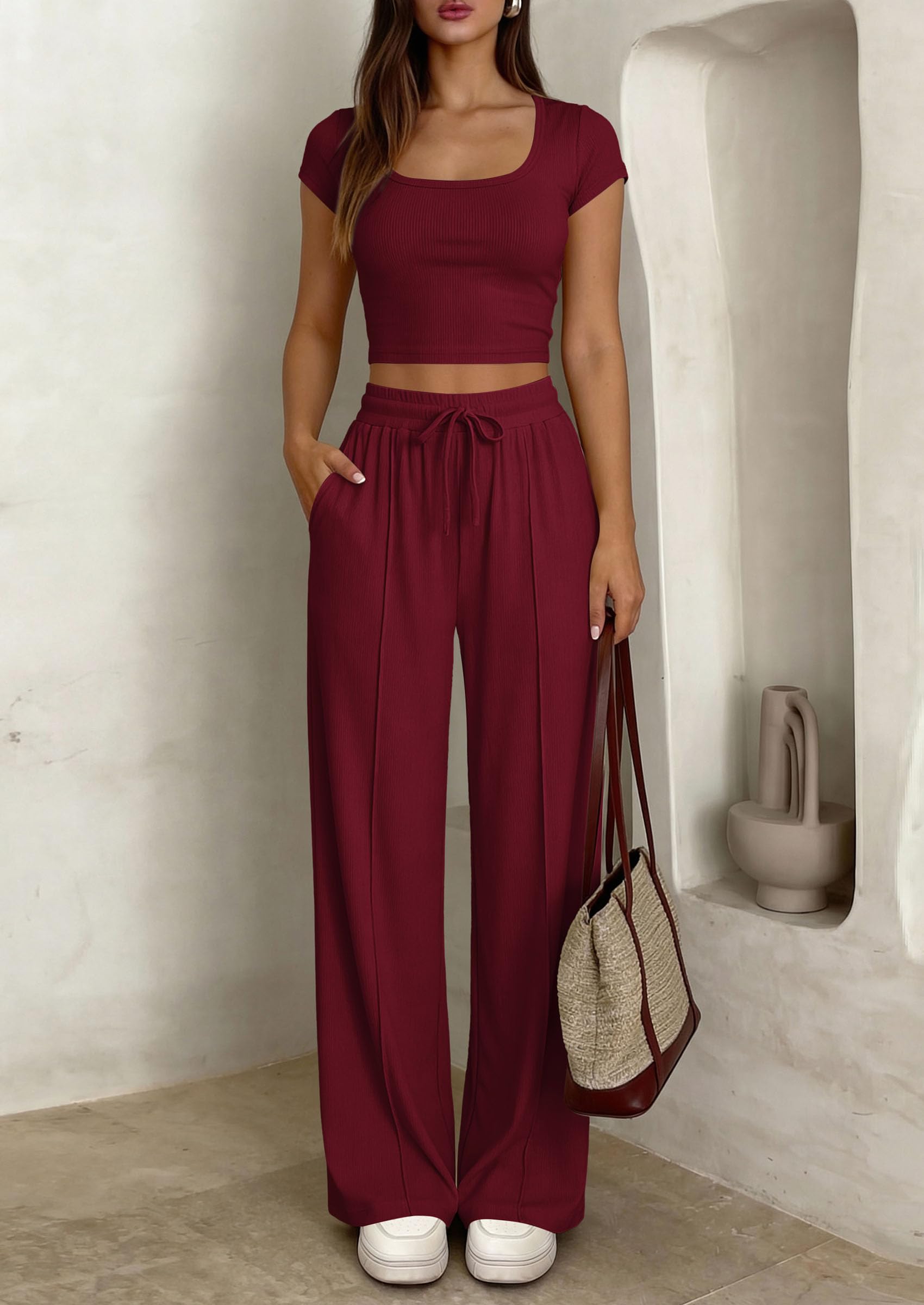 PRETTYGARDEN Women's 2 Piece Matching Lounge Sets Ribbed Short Sleeve Crop Tops Wide Leg Pants Summer Airport Outfits PRETTYGARDEN