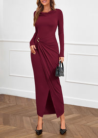 PRETTYGARDEN Women's Fall Wedding Guest Cocktail Midi Dresses Elegant Long Sleeve Bodycon Ruched Dress Fashion Clothing PRETTYGARDEN