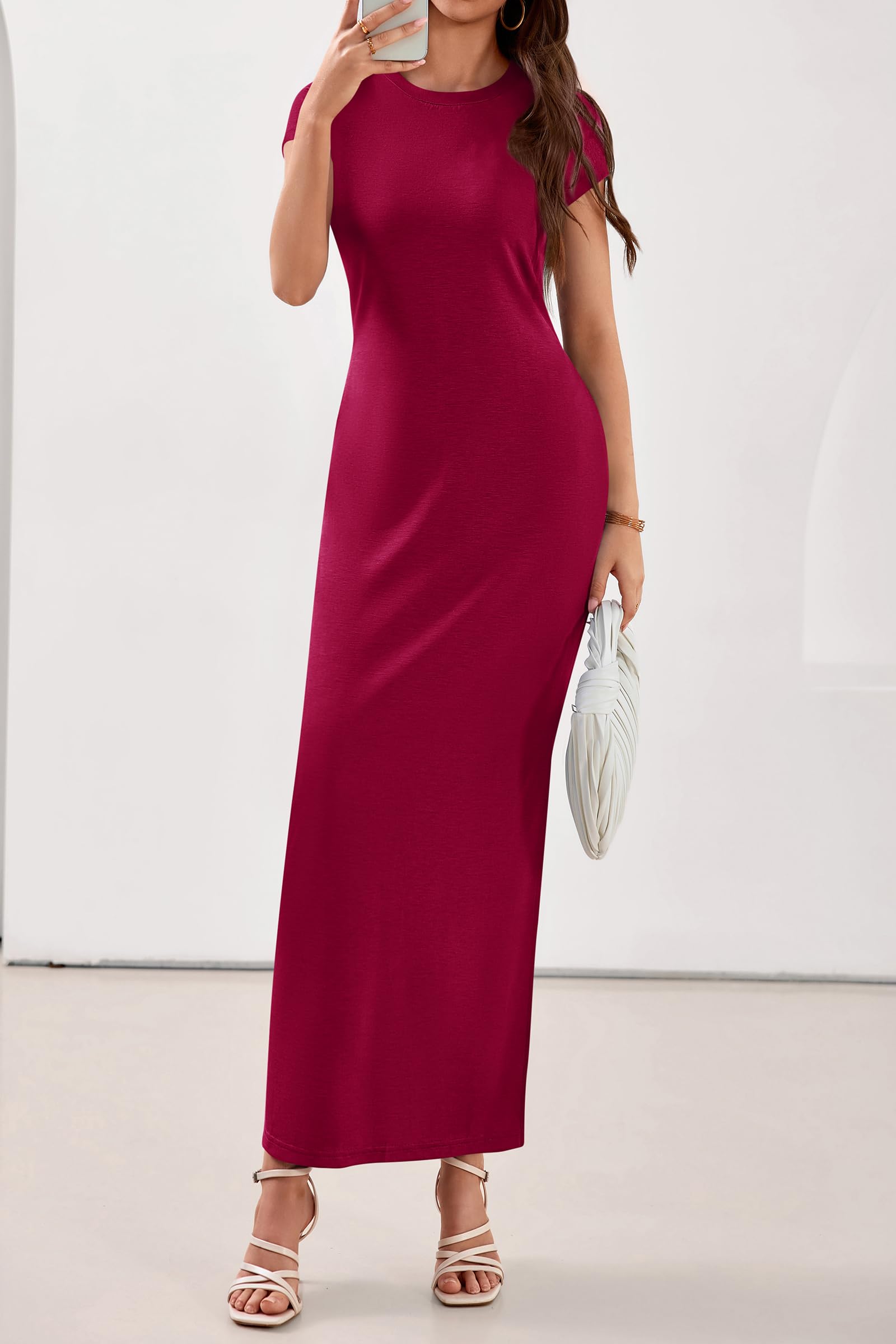 PRETTYGARDEN Womens Summer Maxi Dresses Casual Short Sleeve Crewneck Knit Slit T Shirt Dress Spring Long Beach Sundress PRETTYGARDEN