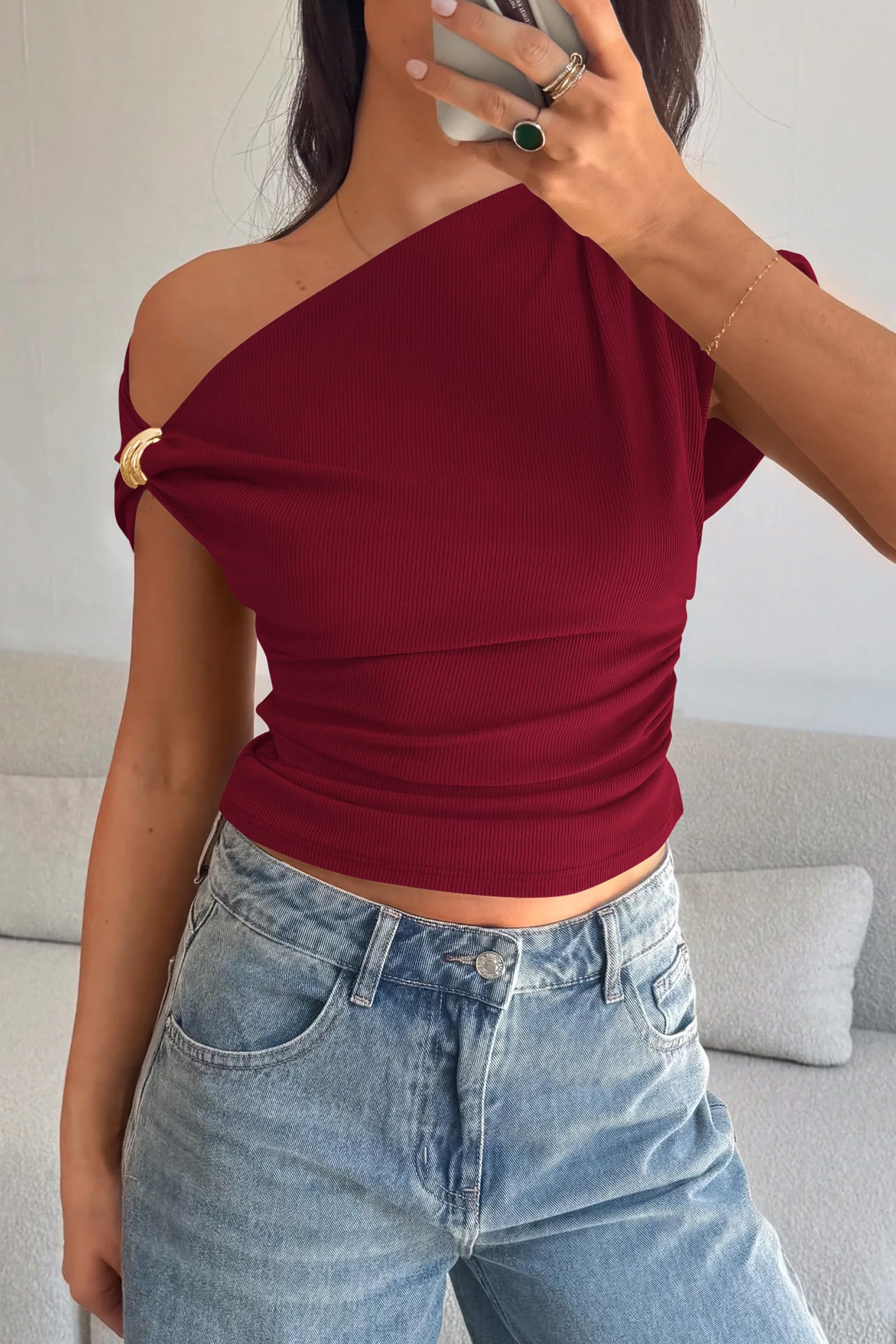 PRETTYGARDEN Womens Summer Off The Shoulder Crop Tops Ribbed Going Out Fitting T Shirts Trendy Spring Y2k Clothes PRETTYGARDEN