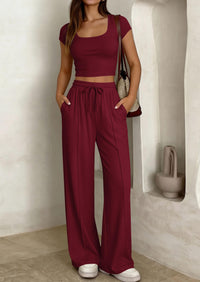 PRETTYGARDEN Women's 2 Piece Matching Lounge Sets Ribbed Short Sleeve Crop Tops Wide Leg Pants Summer Airport Outfits PRETTYGARDEN