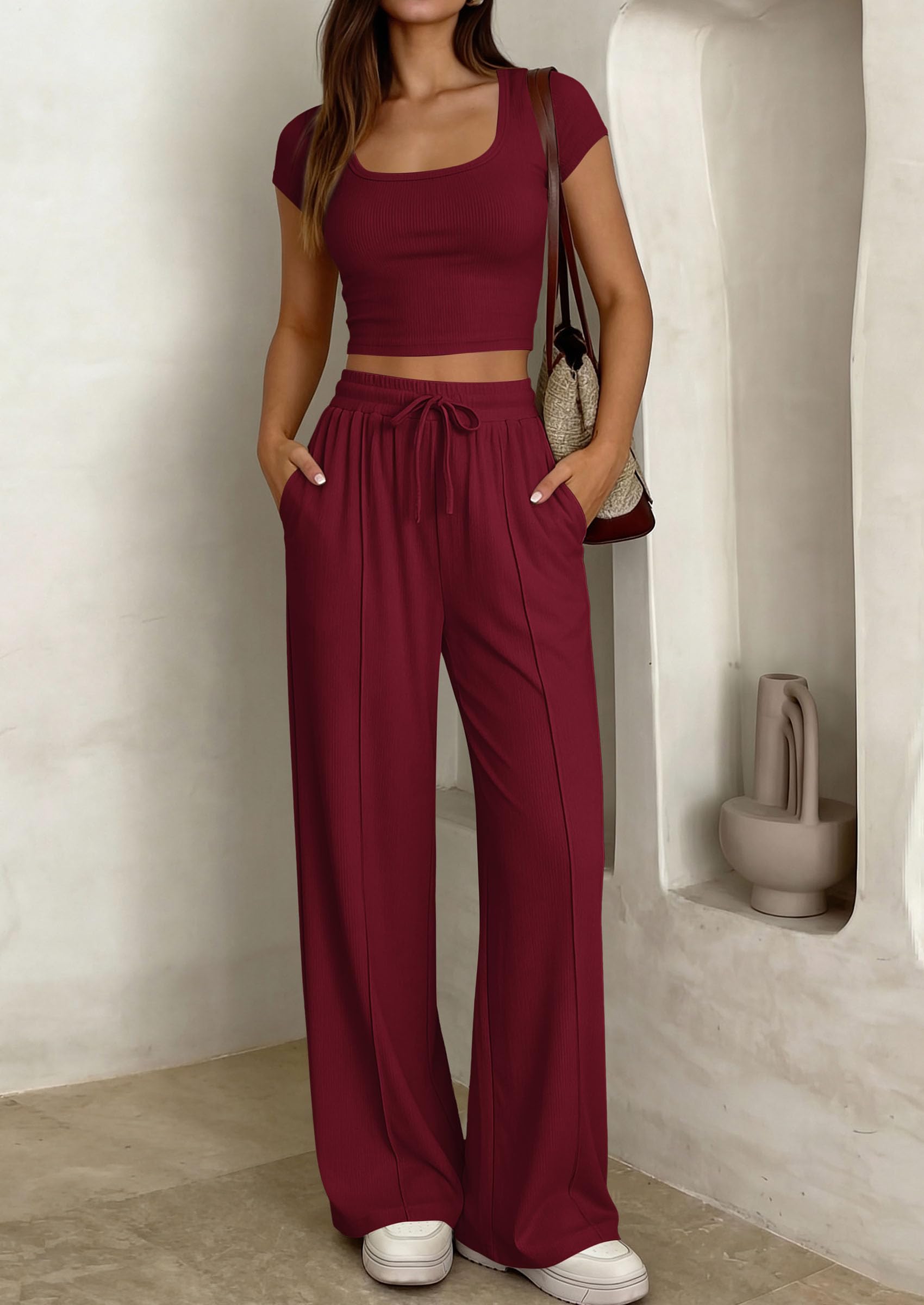 PRETTYGARDEN Women's 2 Piece Matching Lounge Sets Ribbed Short Sleeve Crop Tops Wide Leg Pants Summer Airport Outfits PRETTYGARDEN