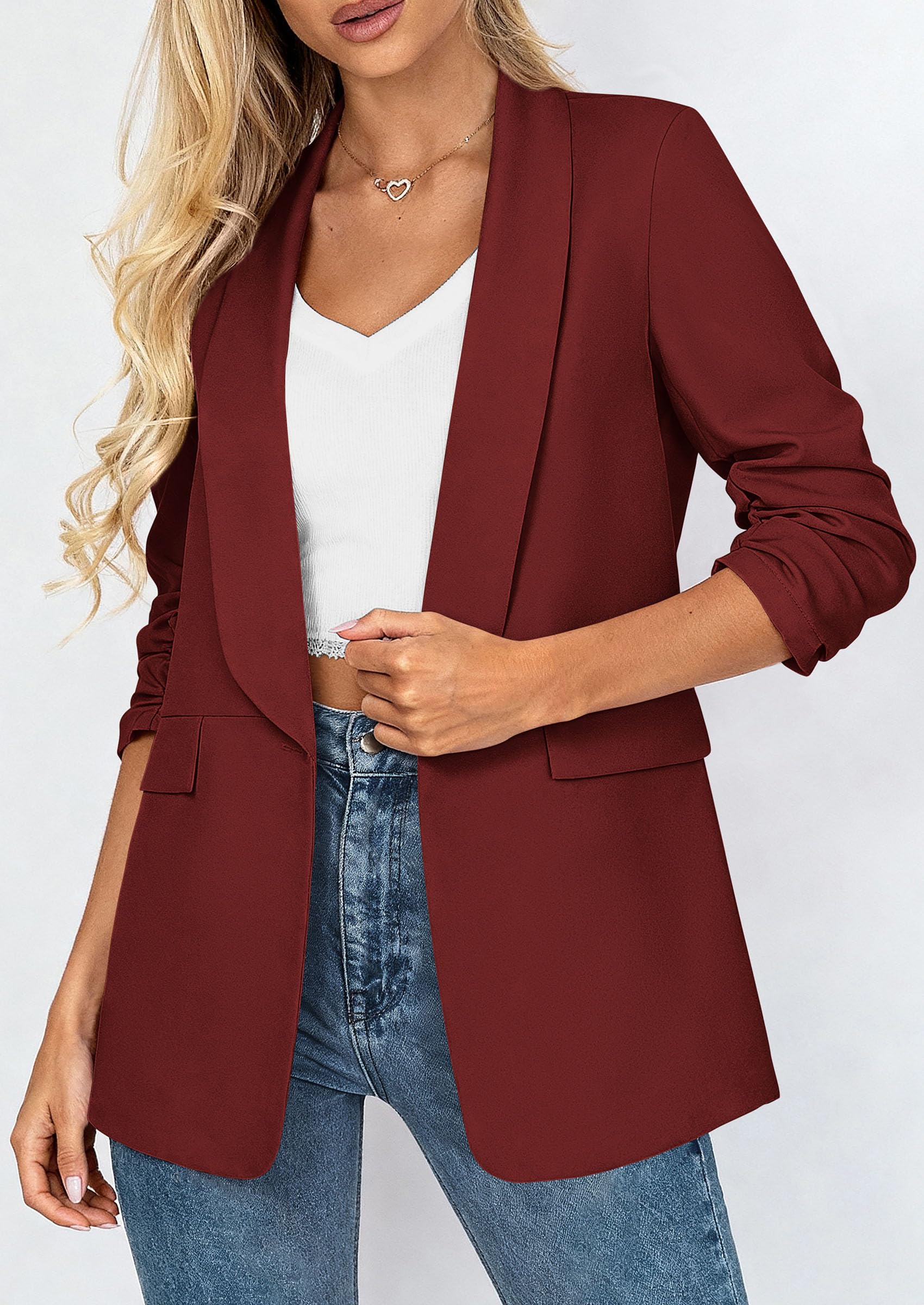 PRETTYGARDEN Women's Spring Blazers Business Casual Outfits Open Front Ruched 3/4 Sleeve Lightweight Work Suits Jackets PRETTYGARDEN