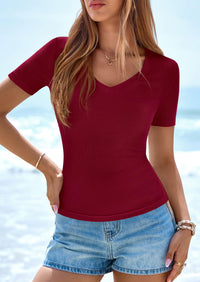 PRETTYGARDEN Women Spring Tops Trendy Ribbed Short Sleeve V Neck Fitted Basic Tee Shirts Casual Going Out Summer Outfits PRETTYGARDEN