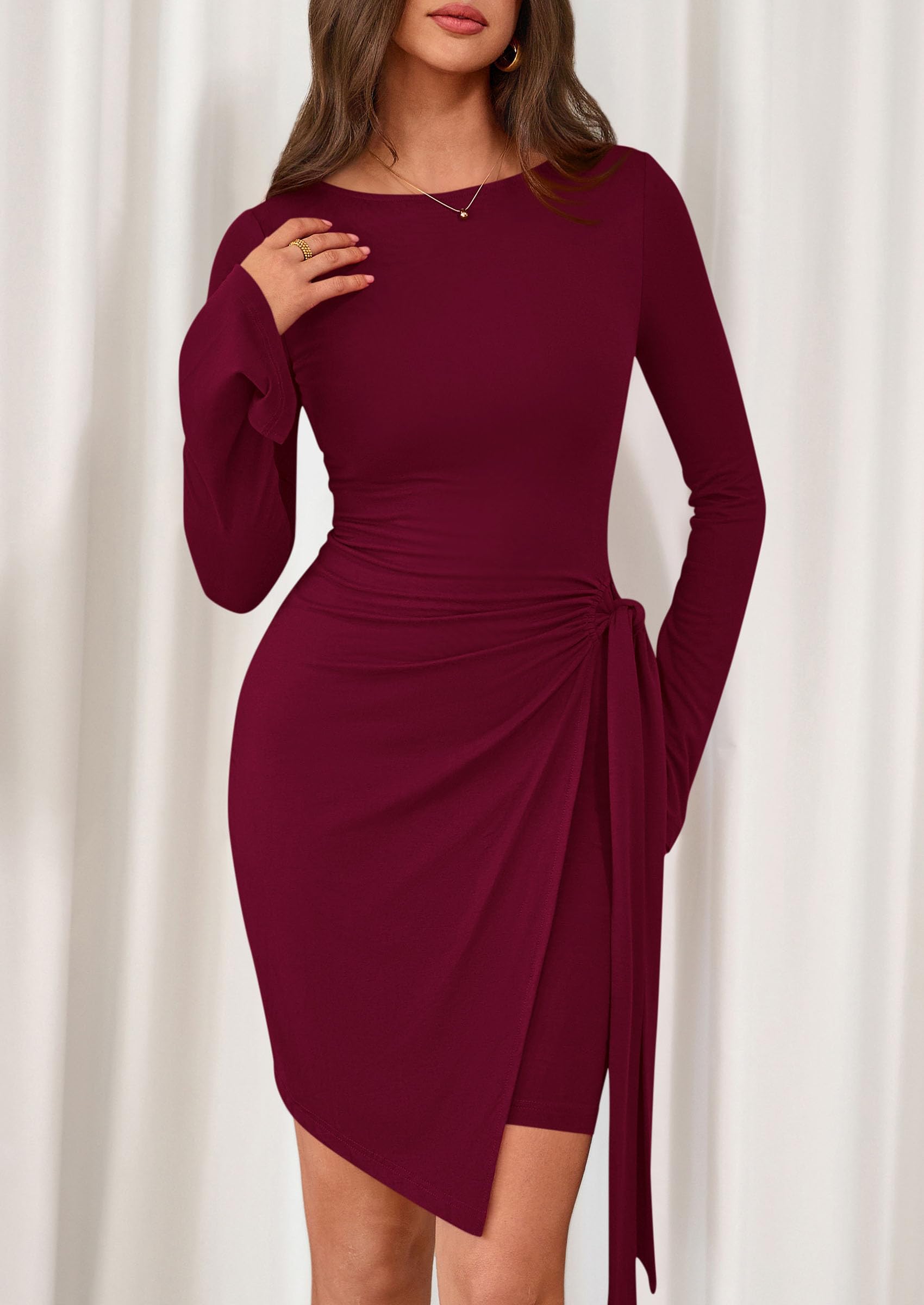 PRETTYGARDEN Women Mini Bodycon Dresses Long Sleeve Ruched Fitted Short Night Out Trendy Party Club Outfits Fall Clothes