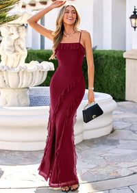 PRETTYGARDEN Women Bodycon Maxi Dress Mesh Ruffle Spaghetti Strap Square Neck Formal Cocktail Wedding Guest Spring Dresses PRETTYGARDEN