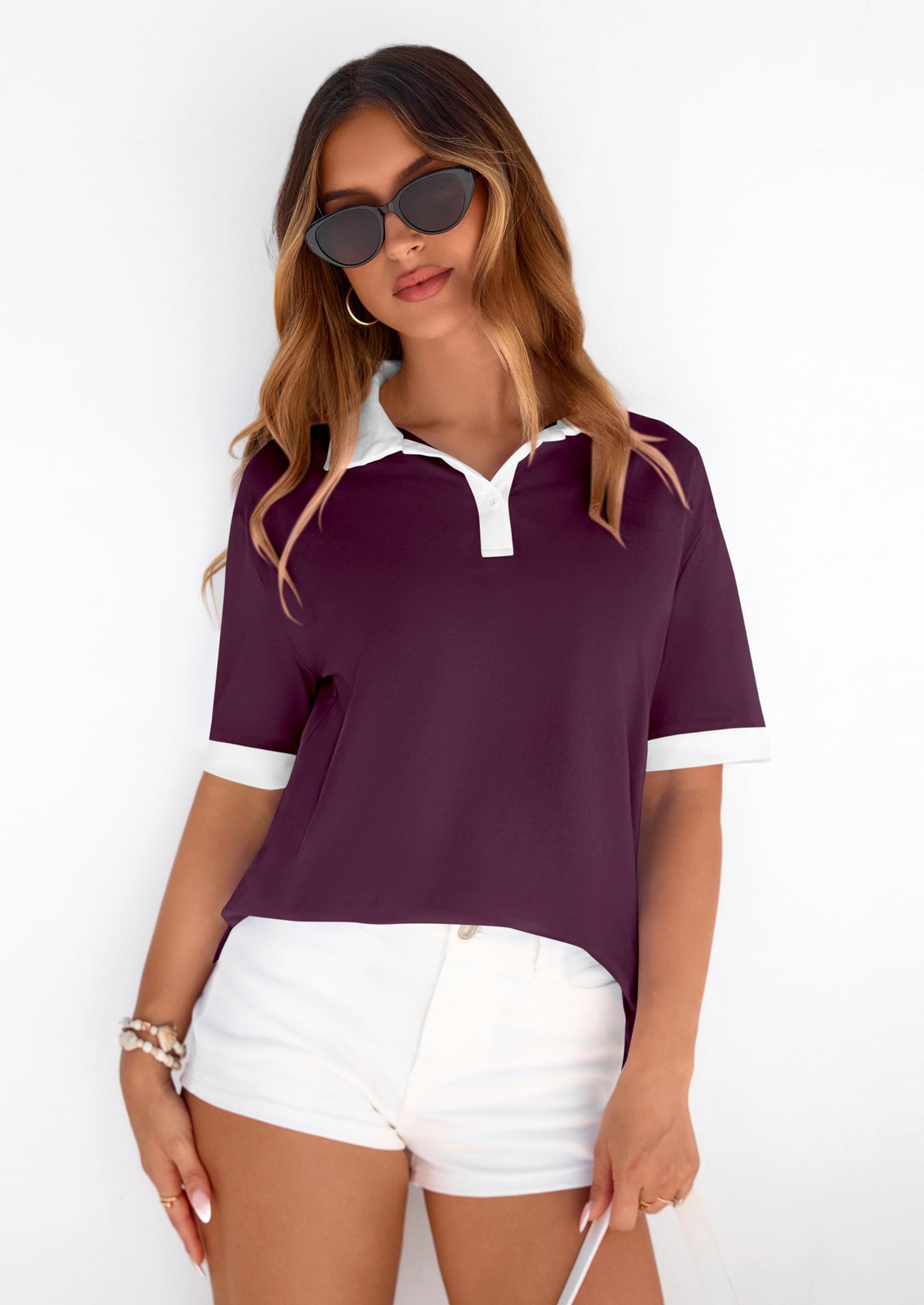 PRETTYGARDEN Summer Short Sleeve Polo Shirts for Women Collared V Neck Work Dressy Tops Knit Loose Business Casual Outfits PRETTYGARDEN