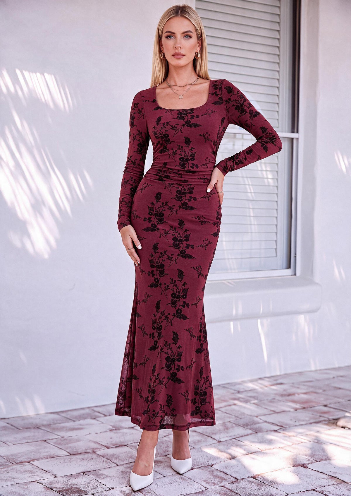 PRETTYGARDEN Women's Long Sleeve Floral Maxi Bodycon Dress  Cocktail Dresses for Wedding Guest, Square Neck, Stretchy Mesh, Elegant Classy, Formal Holiday Party, Fall Date Night Outfits