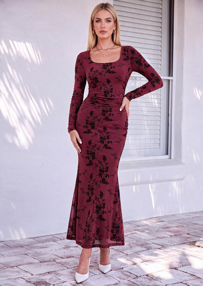 PRETTYGARDEN Women's Long Sleeve Floral Maxi Bodycon Dress  Cocktail Dresses for Wedding Guest, Square Neck, Stretchy Mesh, Elegant Classy, Formal Holiday Party, Fall Date Night Outfits