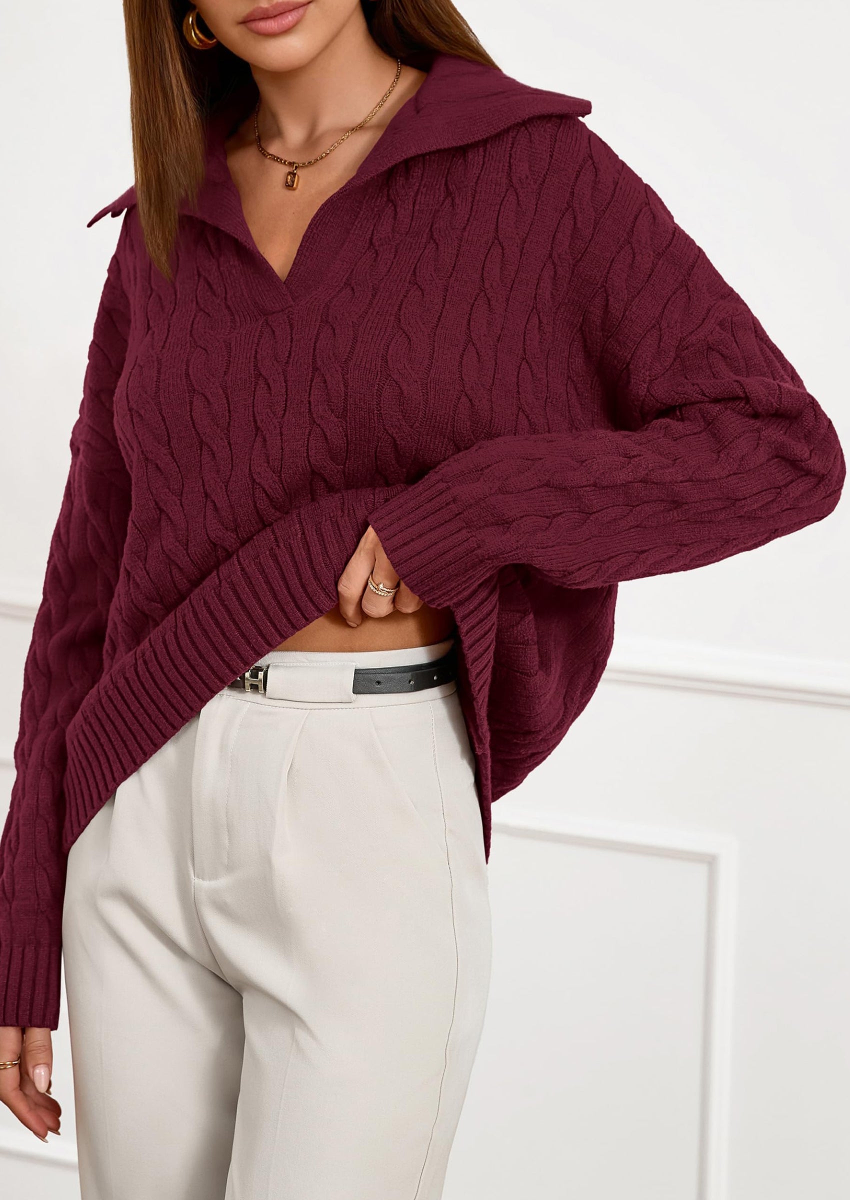 PRETTYGARDEN Fall Cable Knit Oversized Sweaters for Women Polo V Neck Long Sleeve Casual Chunky Sweater Pullover Tops PRETTYGARDEN