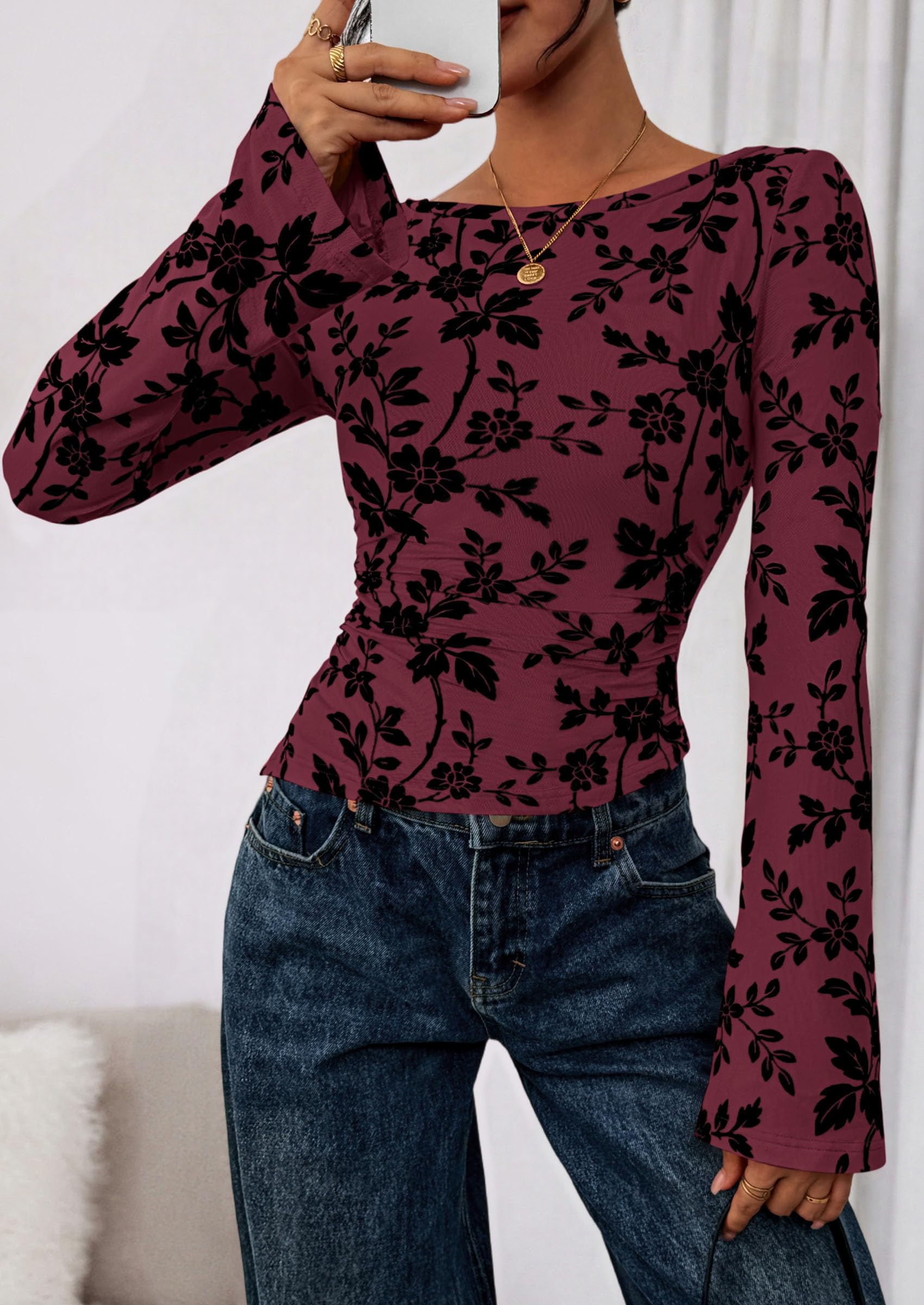 PRETTYGARDEN Women Long Sleeve Floral Mesh Tops Blouse  Fall Trendy Boat Neck Ruched Fitted Shirt Going Out Date Outfits