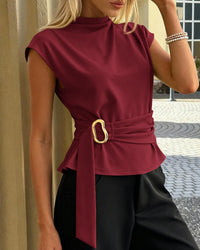 PRETTYGARDEN Women Blouses Spring Dressy Cap Sleeve Mock Neck Work Shirts Buckle Tunic Summer Business Casual Tops PRETTYGARDEN