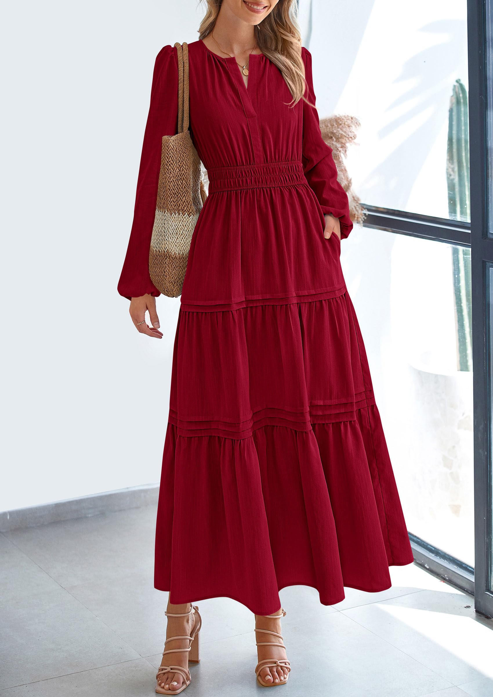 PRETTYGARDEN Women's Elegant Maxi Dresses Long Sleeve V Neck Flowy Pockets Casual Modest Dress Fall Fashion Clothes